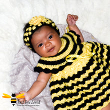 Load image into Gallery viewer, Just Bee Loved hand crocheted bee inspired 3 piece dress with matching headband and booties for baby girl