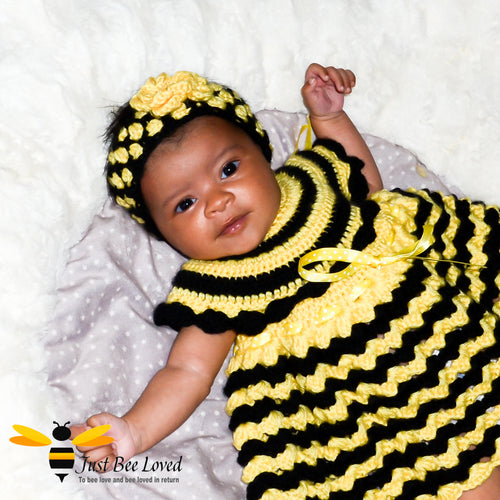 Just Bee Loved hand crocheted bee inspired 3 piece dress with matching headband and booties for baby girl