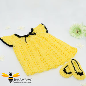 Hand crocheted smocked styled baby girl  bee dress with matching moccasins in yellow and black