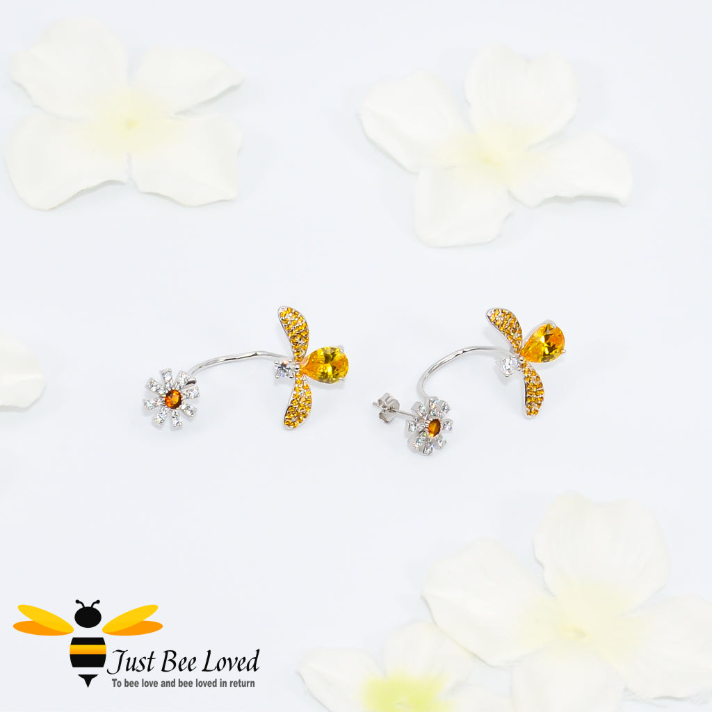 Sterling Silver 925 Bee & Daisy amber crystal earrings.
