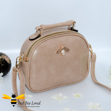 Load image into Gallery viewer, Just Bee Loved PU Leather Crossbody Handbags with gold bee and pearl embellishment in beige colour