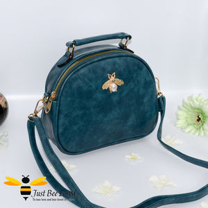Just Bee Loved PU Leather Crossbody Handbags with gold bee and pearl embellishment in teal colour