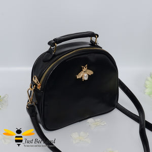 Just Bee Loved PU Leather Crossbody Handbags with gold bee and pearl embellishment in black colour