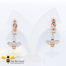 Load image into Gallery viewer, Sterling Silver 925 Honeycomb and Bee hoop drop earrings with orange and white zirconia