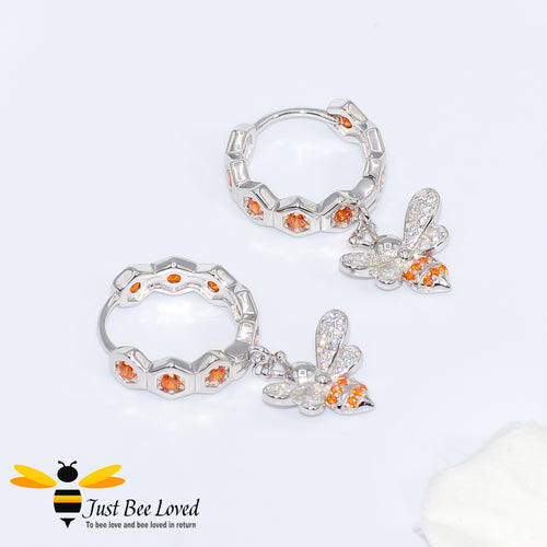Sterling Silver 925 Honeycomb and Bee hoop drop earrings with orange and white zirconia