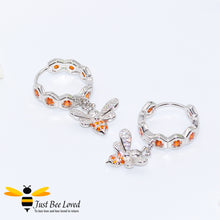 Load image into Gallery viewer, Sterling Silver 925 Honeycomb and Bee hoop drop earrings with orange and white zirconia