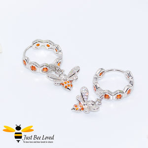 Sterling Silver 925 Honeycomb and Bee hoop drop earrings with orange and white zirconia