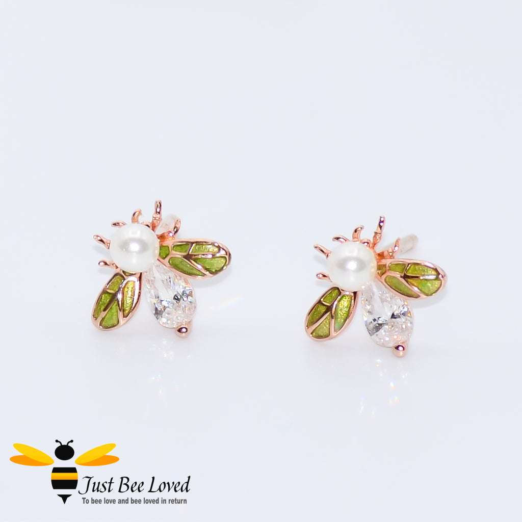 Sterling silver 925 bee studs with pearls, white zirconia green enamelled wings rose gold plated