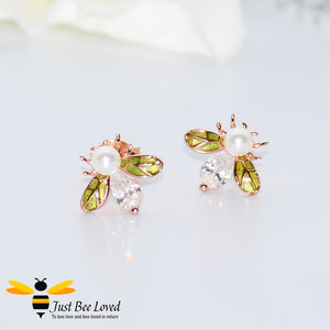 Sterling silver 925 bee studs with pearls, white zirconia green enamelled wings rose gold plated