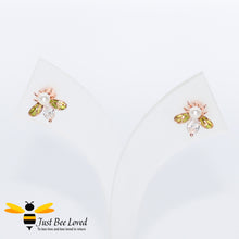 Load image into Gallery viewer, Sterling silver 925 bee studs with pearls, white zirconia green enamelled wings rose gold plated