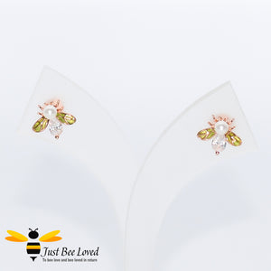 Sterling silver 925 bee studs with pearls, white zirconia green enamelled wings rose gold plated