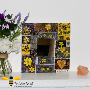 Just Bee Loved Handmade Mosaic Clay Mirror decorated with Bees Flowers and Crystals