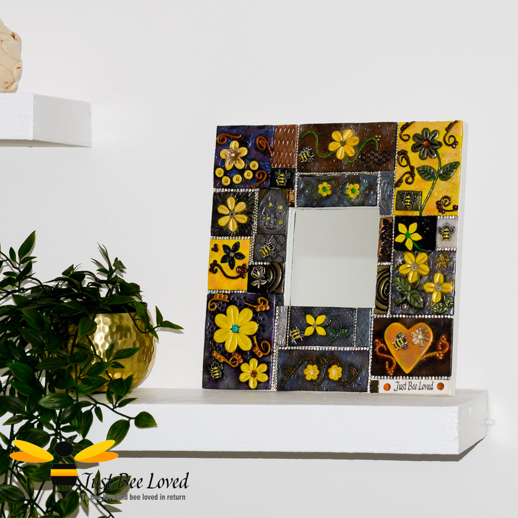 Just Bee Loved Handmade Mosaic Clay Mirror decorated with Bees Flowers and Crystals
