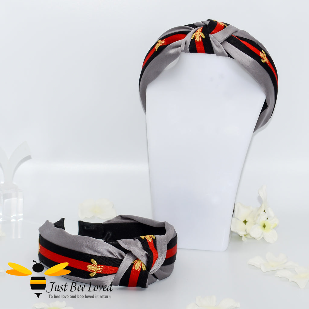 Ladies Knot twist headband with embroidered bees in grey colour