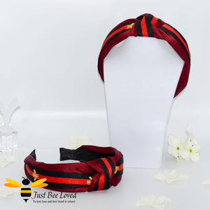 Ladies Knot twist headband with embroidered bees in burgundy colour with black stripe