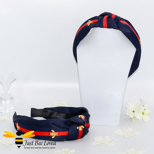 Ladies Knot twist headband with embroidered bees in navy colour with red stripe