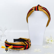 Load image into Gallery viewer, Ladies Knot twist headband with embroidered bees in mustard colour with red and black stripe
