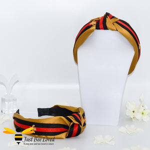 Ladies Knot twist headband with embroidered bees in mustard colour with red and black stripe