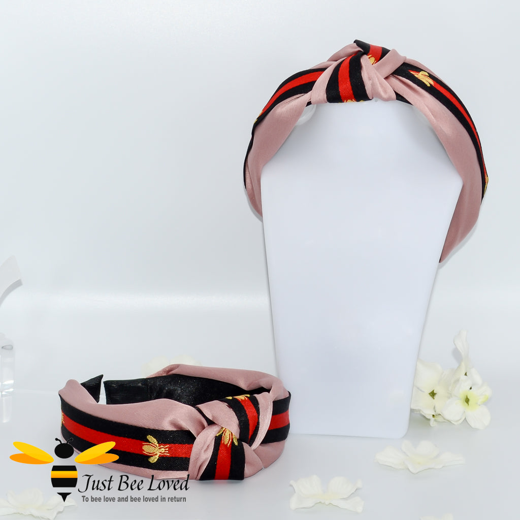 Ladies Knot twist headband with embroidered bees in pink colour with red and black stripe