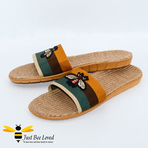 Men's woven hemp slippers with embroidered bee design
