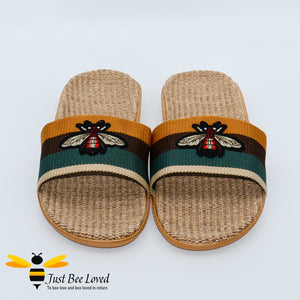 Men's woven hemp vegan slippers with embroidered bee design