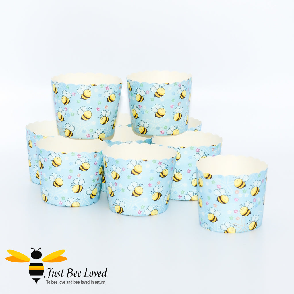 Bee themed blue cupcake muffin baking cases