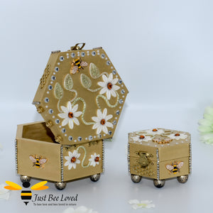 Just Bee Loved Bee Handmade Hexagon Jewellery Box Decorated with Bees Daisies and Pearls