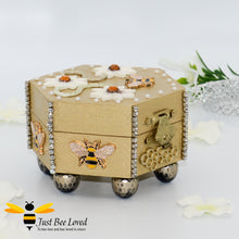 Load image into Gallery viewer, Just Bee Loved Handmade Wooden Hexagon Trinket box featuring bees, crystals and pearls