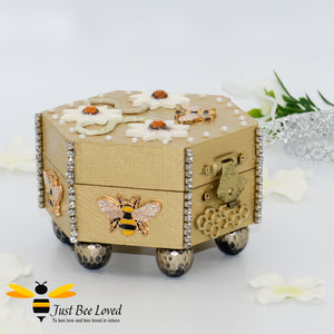 Just Bee Loved Handmade Wooden Hexagon Trinket box featuring bees, crystals and pearls