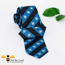 Load image into Gallery viewer, Navy and blue diagonal striped neck tie with grey embroidered bees design