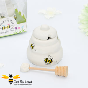 Ceramic cute hive honey pot with dipper, decorated with bees in a gift box with "meant to bee" message