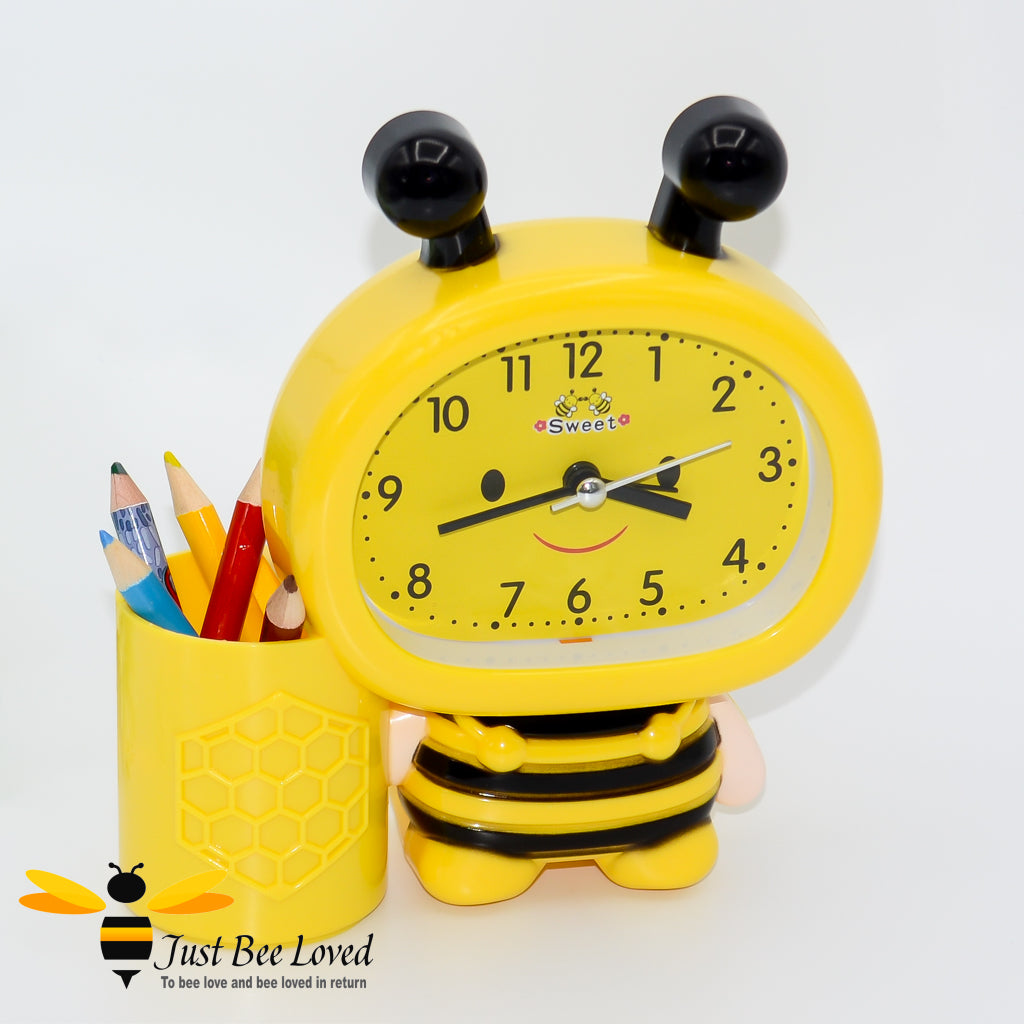 Children's bee shaped Alarm and pen holder clock in yellow 