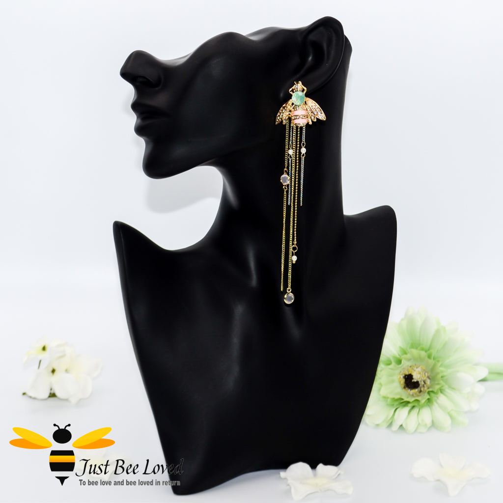Crystal Bee & Chain Tassel Earrings