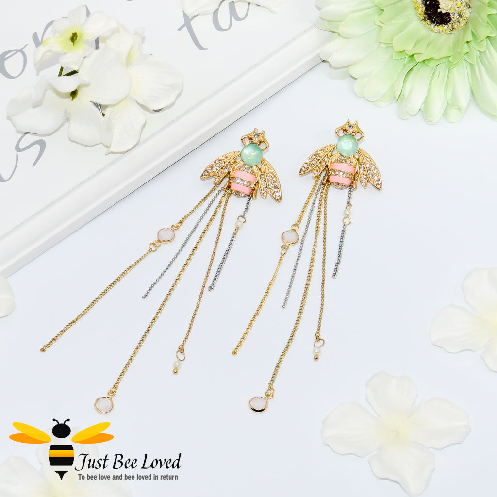 Crystal Bee & Chain Tassel Earrings