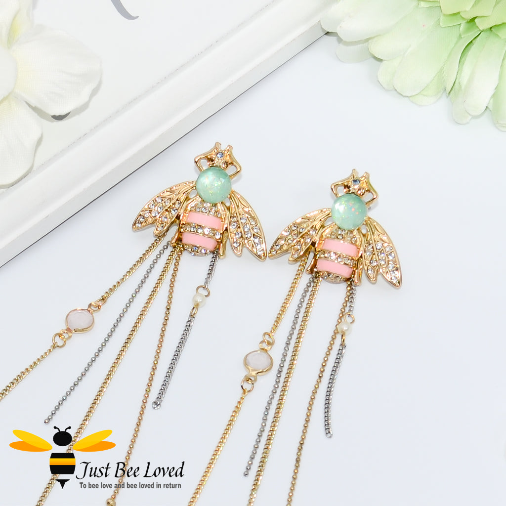 Crystal Bee & Chain Tassel Earrings 