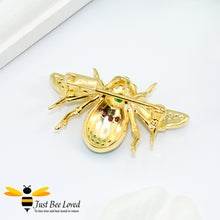 Load image into Gallery viewer, Sterling silver 925 gold plated bee brooch inlaid with rubies, green spinel and white zirconia crystals