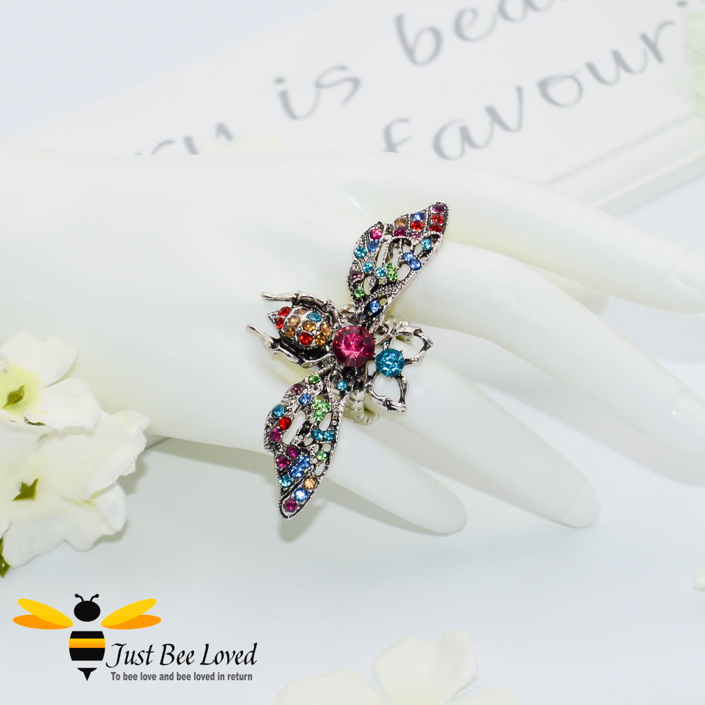 Rhinestone Bee Antique Silver Statement Ring Trendy Fashion Jewellery