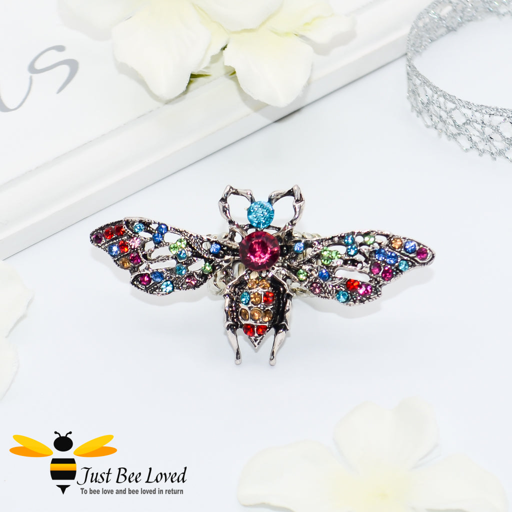 Rhinestone Bee Antique Silver Statement Ring Trendy Fashion Jewellery