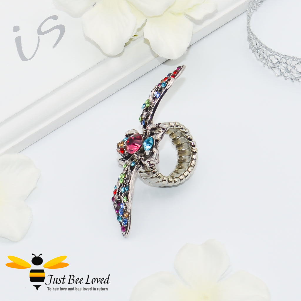 Rhinestone Bee Antique Silver Statement Ring Trendy Fashion Jewellery