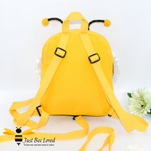 Load image into Gallery viewer, Just Bee Loved Children&#39;s Safety Harness Bumble Bee Backpack with cute antennae, white mesh wings and smiley bee face in colour yellow with black stripes
