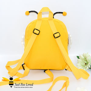Just Bee Loved Children's Safety Harness Bumble Bee Backpack with cute antennae, white mesh wings and smiley bee face in colour yellow with black stripes