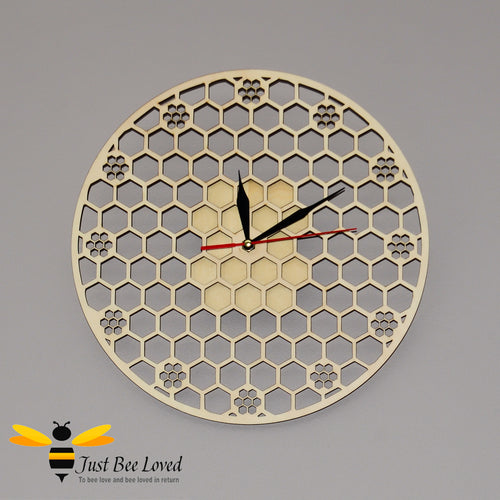 Natural wood honeycomb round lattice wall bee clock 