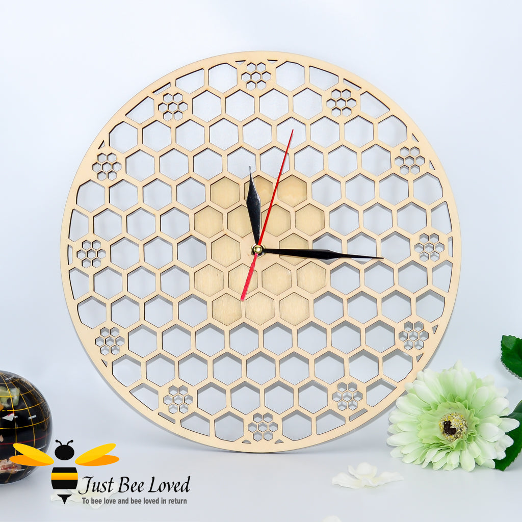 Natural wood honeycomb round lattice wall bee clock