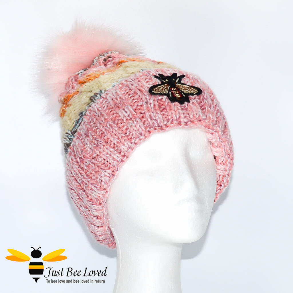 Ladies thick knitted wool hat with large bumblebee embroidery
