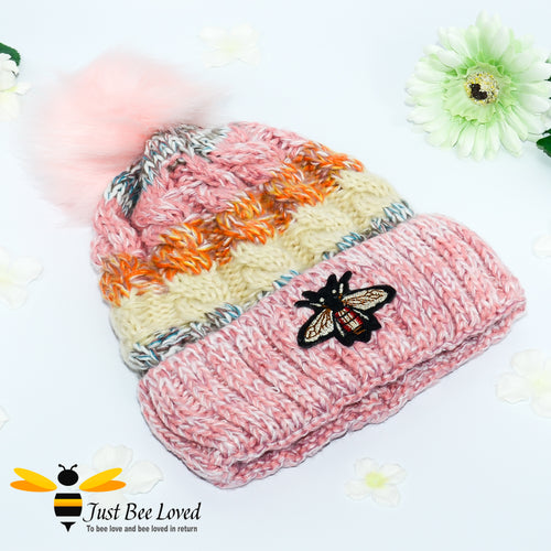 Ladies thick knitted pink wool hat with large bumblebee embroidery