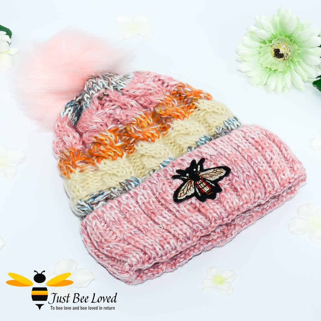 Ladies thick knitted pink wool hat with large bumblebee embroidery