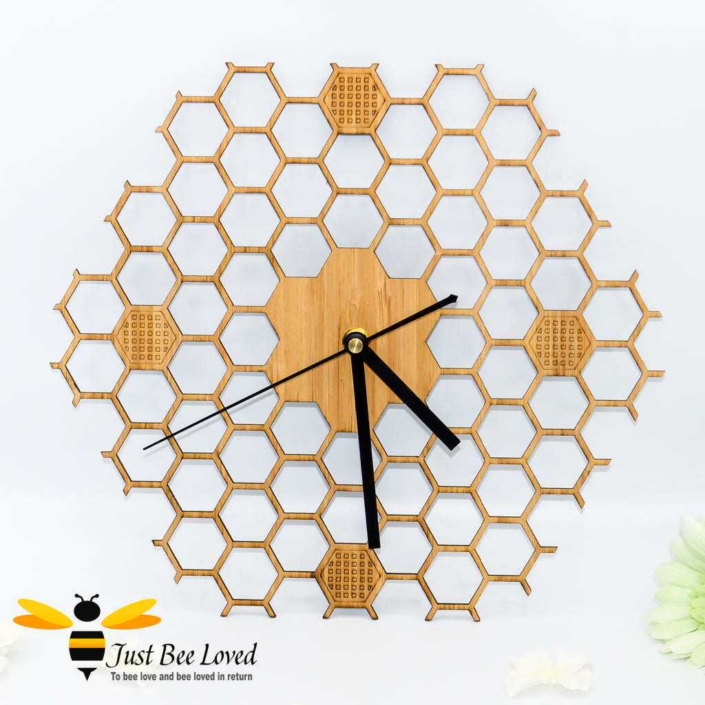 Natural wood bamboo honeycomb lattice wall bee clock