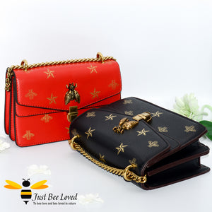 Just Bee Loved Luxury Bees and Stars print Handbag PU Leather with gold chain strap in colours of red and gold and black and gold