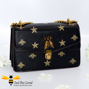 Just Bee Loved Luxury Bees and Stars print Handbag PU Leather with gold chain strap in colours black and gold stars