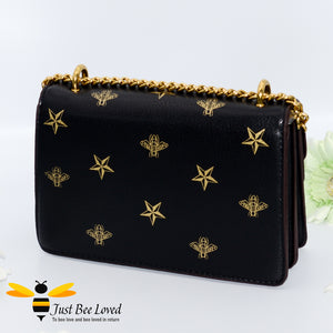 Just Bee Loved Luxury Bees and Stars print Handbag PU Leather with gold chain strap in colours of black and gold stars